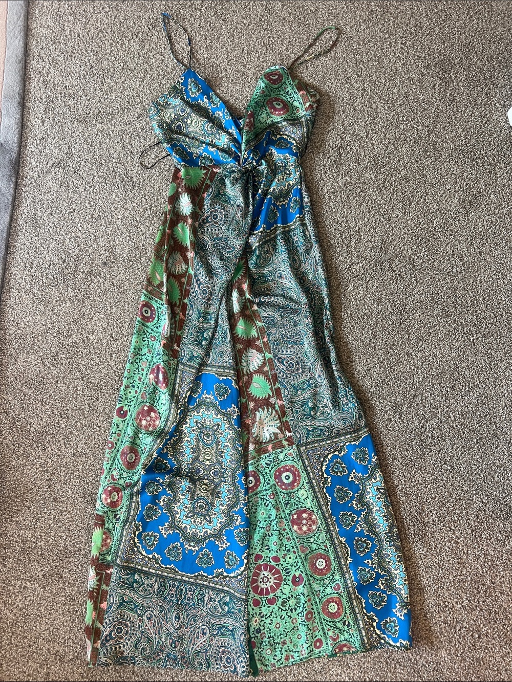 LIKE NEW Zara Silk Green & Blue Patchwork Maxi Jumpsuit